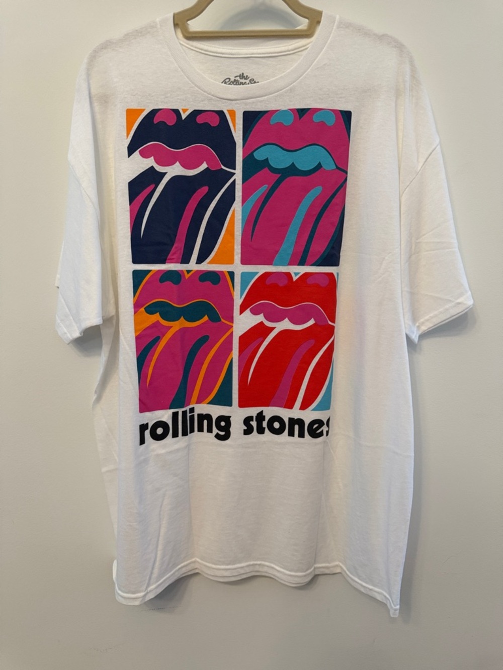 the Rolling Stones White Graphic Tee with Multicolor Pop Art Tongue